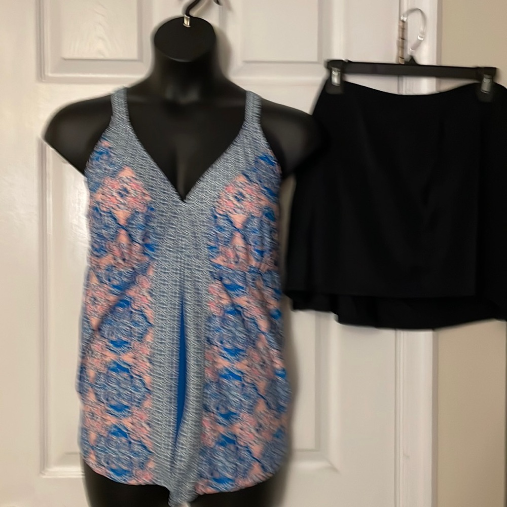 Beach Diva Royal Blue & Orange Diamond Print Flyaway Swim Tankini TOP 20W
